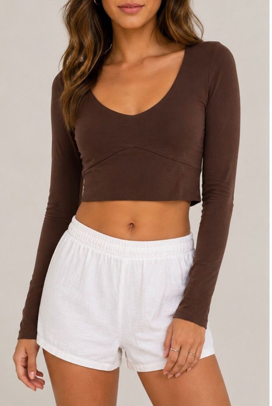 Naked Wardrobe Brown Long Sleeve Crop Top Medium Fitted Minimalist